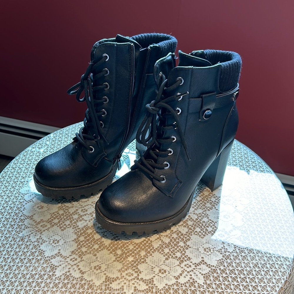 High Heel Black Combat Boots